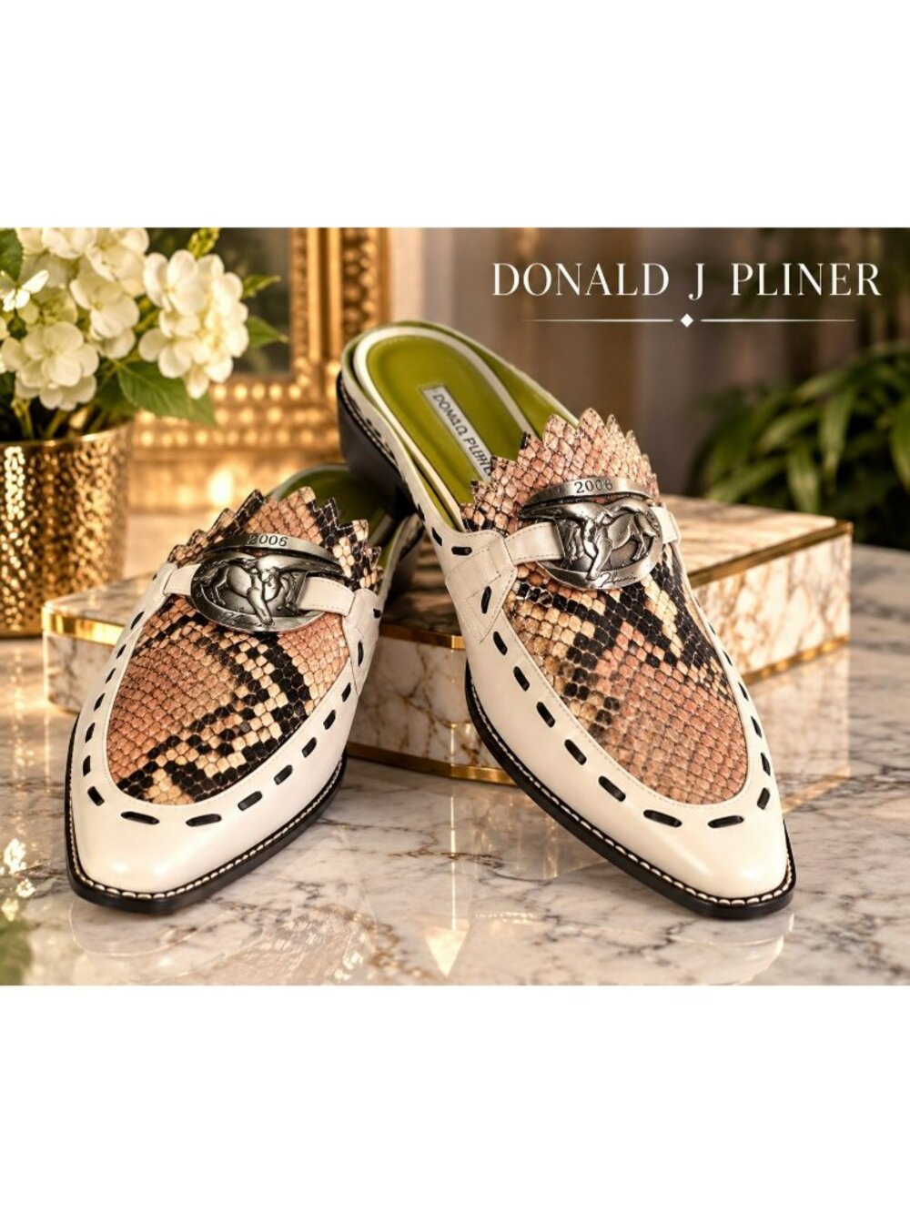 Donald J Pliner Iguana Mule Shoes 7.5 Snakeskin Frog Hardware Y2K Western